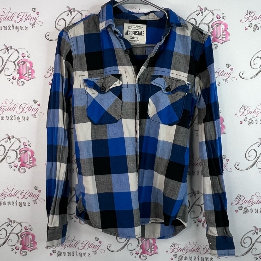 Aeropostale button up long sleeve plaid pattern Blue and Gray Plaid Shirt